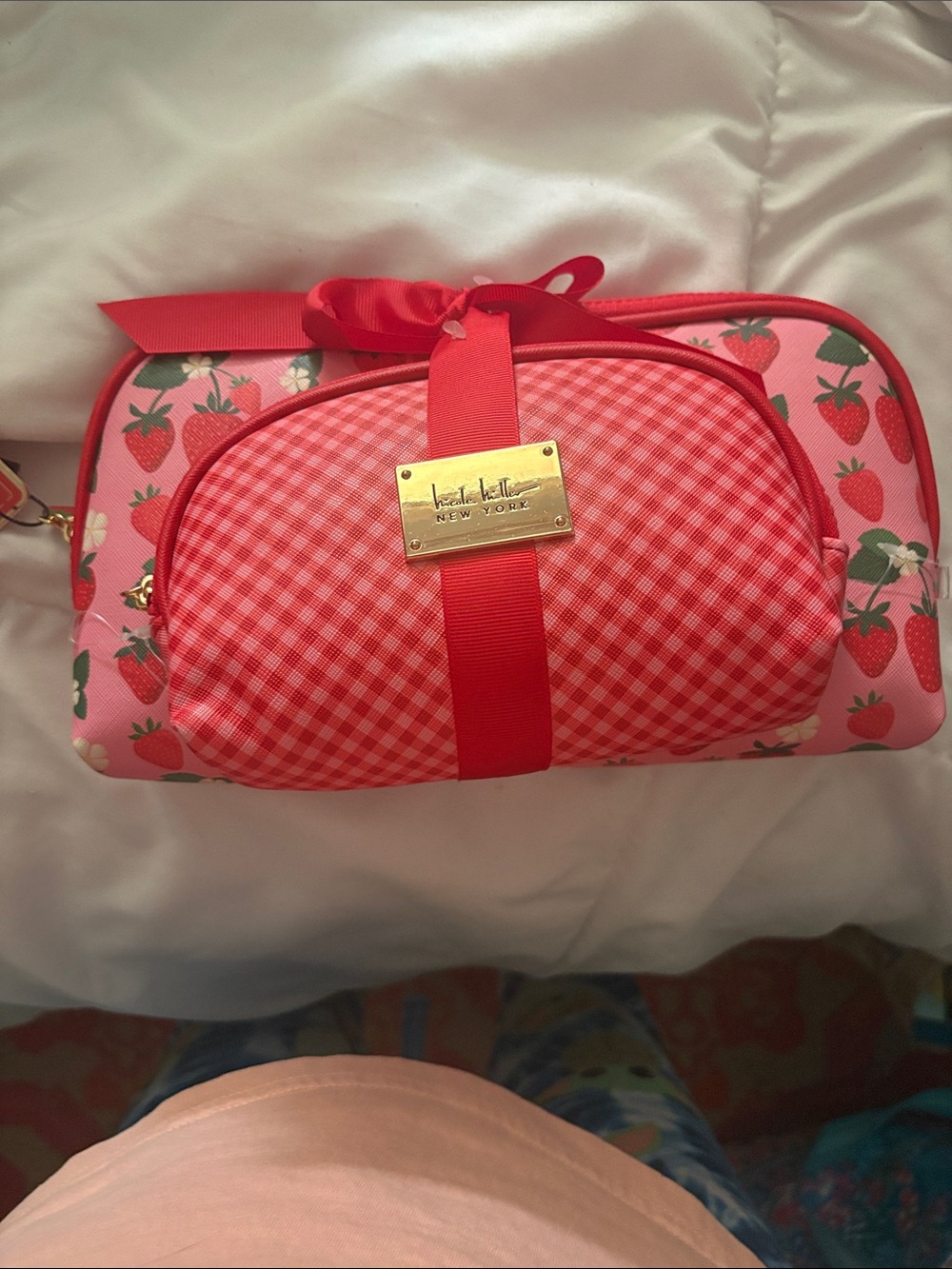 Nicole Miller Pink and Red Strawberry Print Cosmetic Pouch
